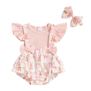 Baby Girls Easter Overall Romper Bunny Embroidered Flutter Sleeve Layered Ruffled Jumpsuit Headband Outfits (Bow