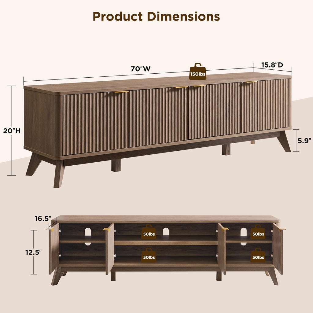 70" Mid Century Modern Fluted TV Stand, 4-Door Storage, Alder Grey