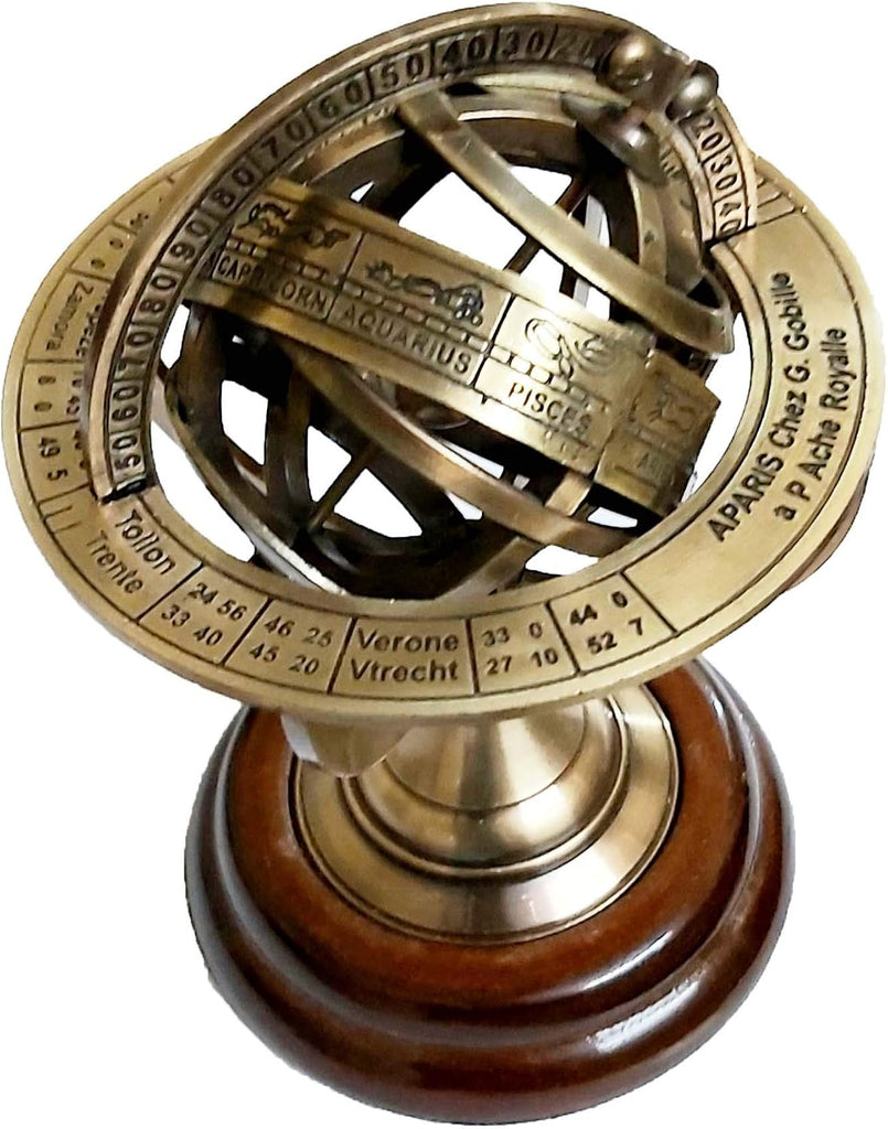 Armillary Astrolabe Sphere Showpiece, Brass and Wooden Base Engraved Brass Tabletop Armillary Nautical Sphere Globe