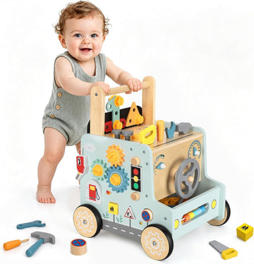 Wooden Baby Push Walker with Tools Bench Toys for Toddler Boy Girl Gifts
