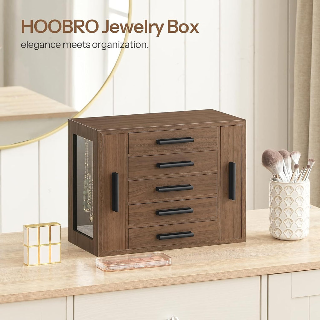 5-Tier Jewelry Box, Wooden Jewelry Organizer with Transparent Window