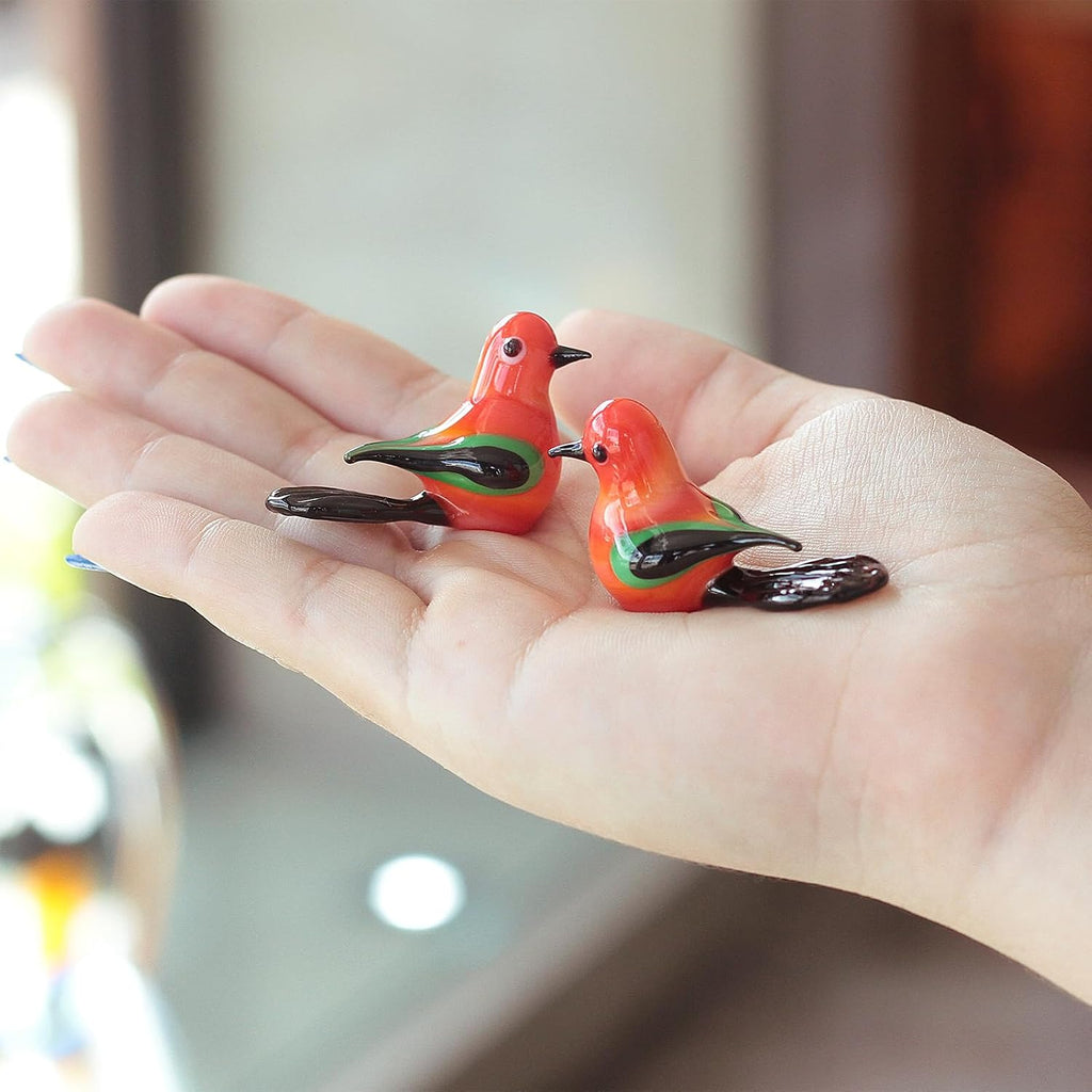 Murano Style Art Glass Animal Figurines Orange Pair of Birds Miniature - Set of 2