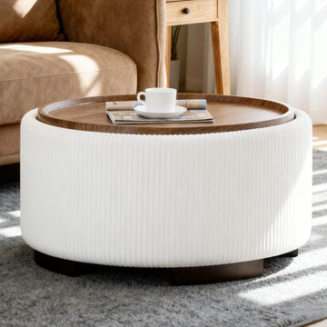29.5 Inch Round Storage Ottoman Coffee Table, Beige Velvet | Modern Circle Coffee Table With Storage With Removable