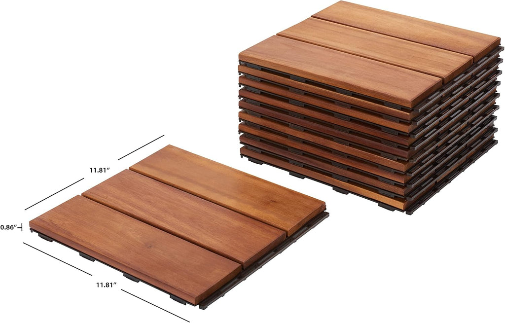Outdoor Collection Manila Natural Acacia Wood 3-Slat Interlocking Floor Tile Patio Deck 12 x 12-inch (Set of 10)