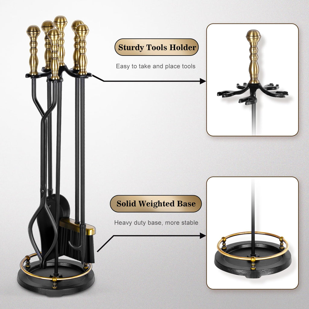 Fireplace Tools Set 5 Pcs Wrought Iron Large Fire Tool Set with Brass Handles for Outdoor/Indoor, Fireplace