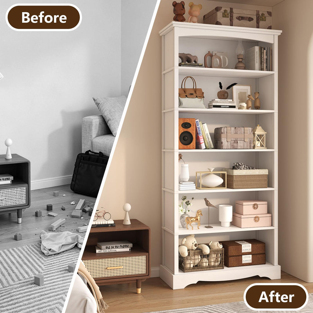 6-Tier Wooden Bookshelf, 76 Inch Tall Bookshelf with Storage, Floor Standing Modern Style Display Bookcase, Study