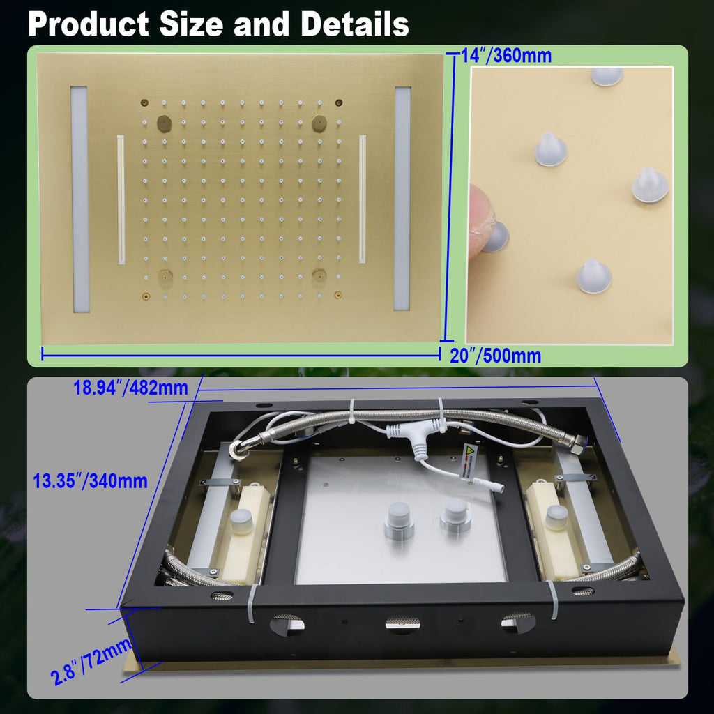 14x20" Luxury LED Shower Head with Lights, 3 Functions Rainfall Waterfall Mist, High-Pressure Ceiling Mount