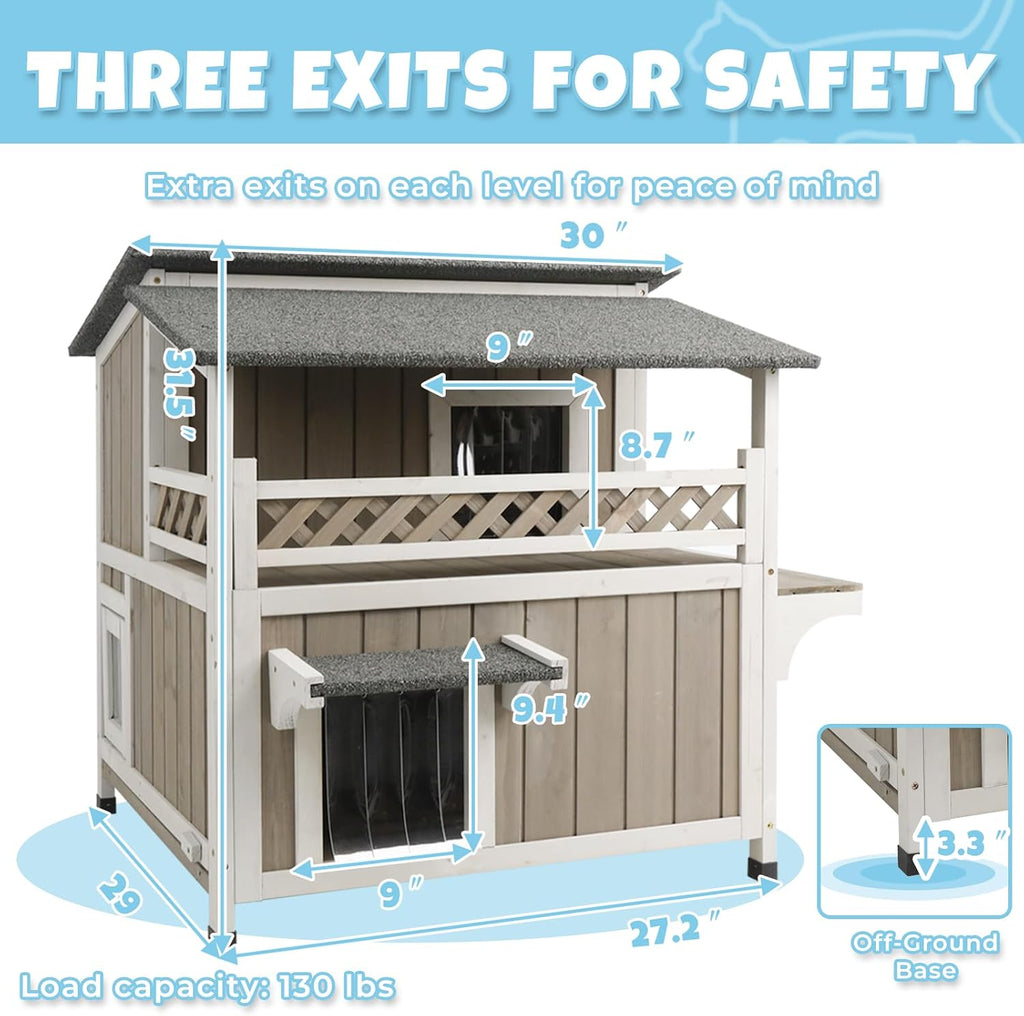 Outdoor & Indoor Wooden Cat House, Weatherproof Two-Story Cat Shelter, Enclosed Multi-Level Cat Home for Cats