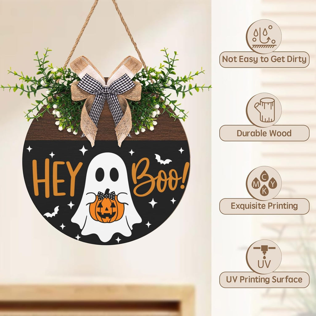 Halloween Hey Boo Door Sign Outdoor Decor Ghost Pumpkin Door Wreath Front Door Hanger Holiday Wooden Signs Outdoor
