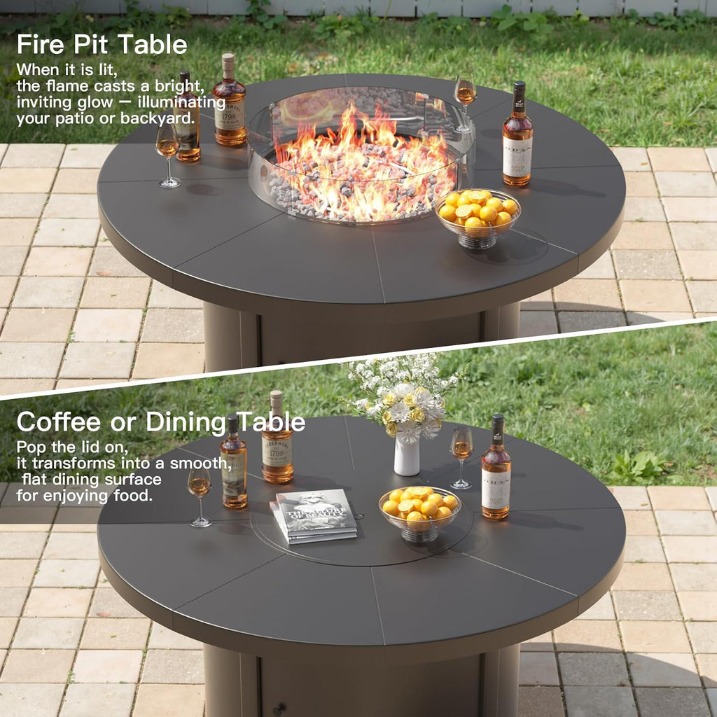 7 Piece Metal Outdoor Patio Furniture Set with 48" Round Fire Pit Table, Patio Conversation Sets 6 Fixed Chairs with