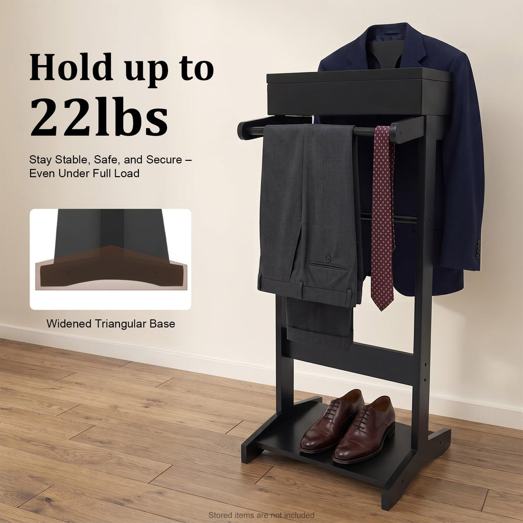 Suit Valet Stand for Men, Black Wooden Clothing Valet Stand with Hanger and Tray Bedroom Organizer for Coats Suits