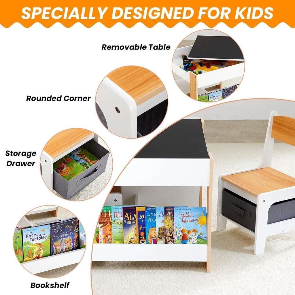 Kids Table and Chair Set, 4 in 1 Toddler Desk with Storage Drawer