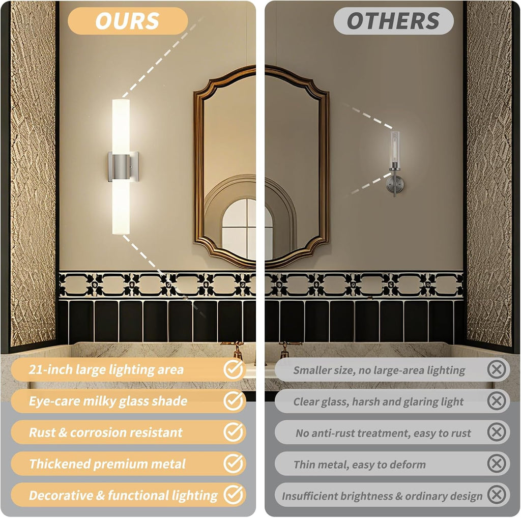 Wall Sconces Set of Two, Modern 21" Vanity, Frosted Glass, Silver | Indoor Wall Light Fixture. , Mirror, Bedroom