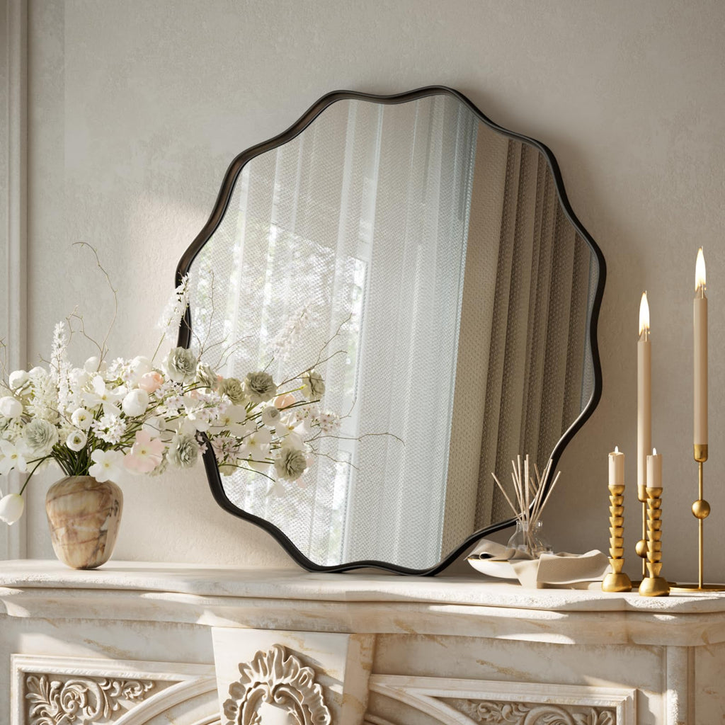 Black Scalloped Circle Mirror 20" Wavy Edge Round Wall Mirror