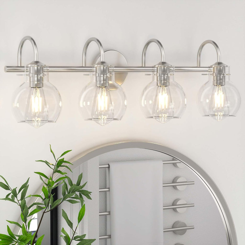 4 Lights Bathroom Vanity Light Fixtures Over Mirror Modern Nickel | 24in Wall Sconce,Brushed Nickel,Globe Glass