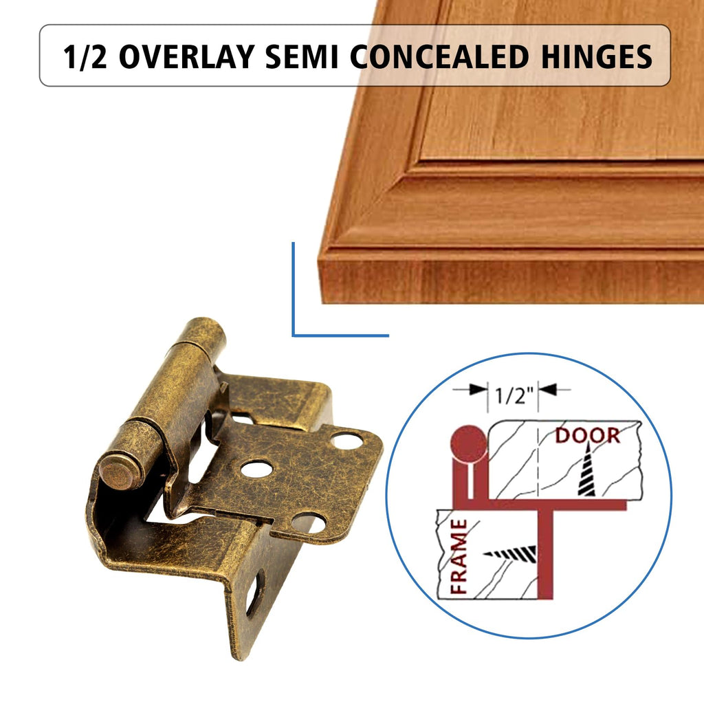 50 Pack (25 Pairs) 1/2 Inch Overlay Partial Wrap Hinges Antique Brass