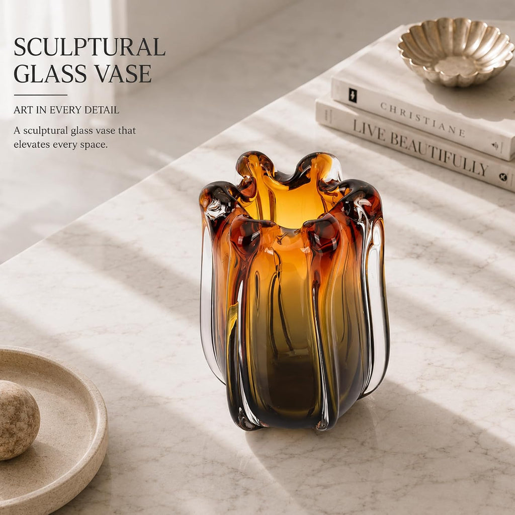 Amber Glass Vase for Flowers, Decorative Murano Art Glass, Wide Mouth Designer Glass Vase Decor, Blown Glass