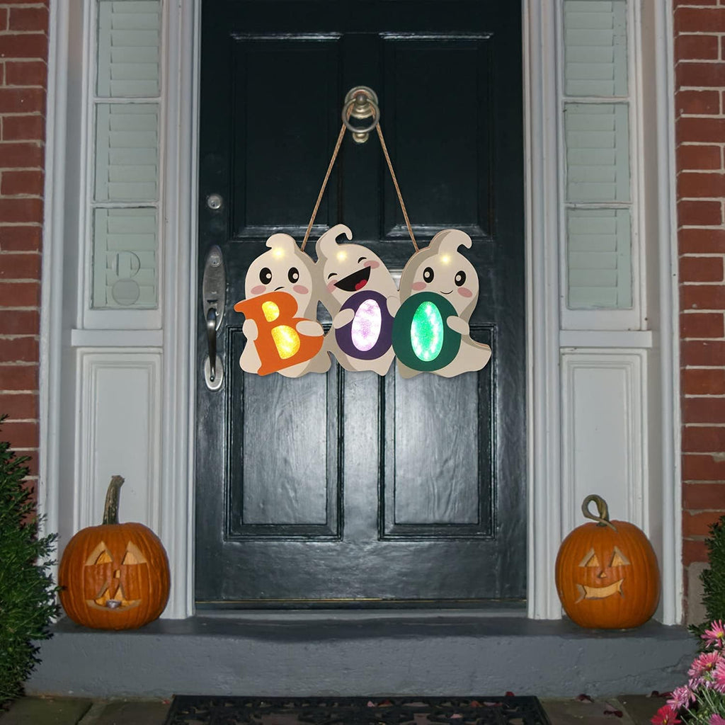 Halloween Door Decor Hanging Sign, BOO Ghost Halloween Door Hanger with Light for Front Door Decorations Outdoor - Set of 3