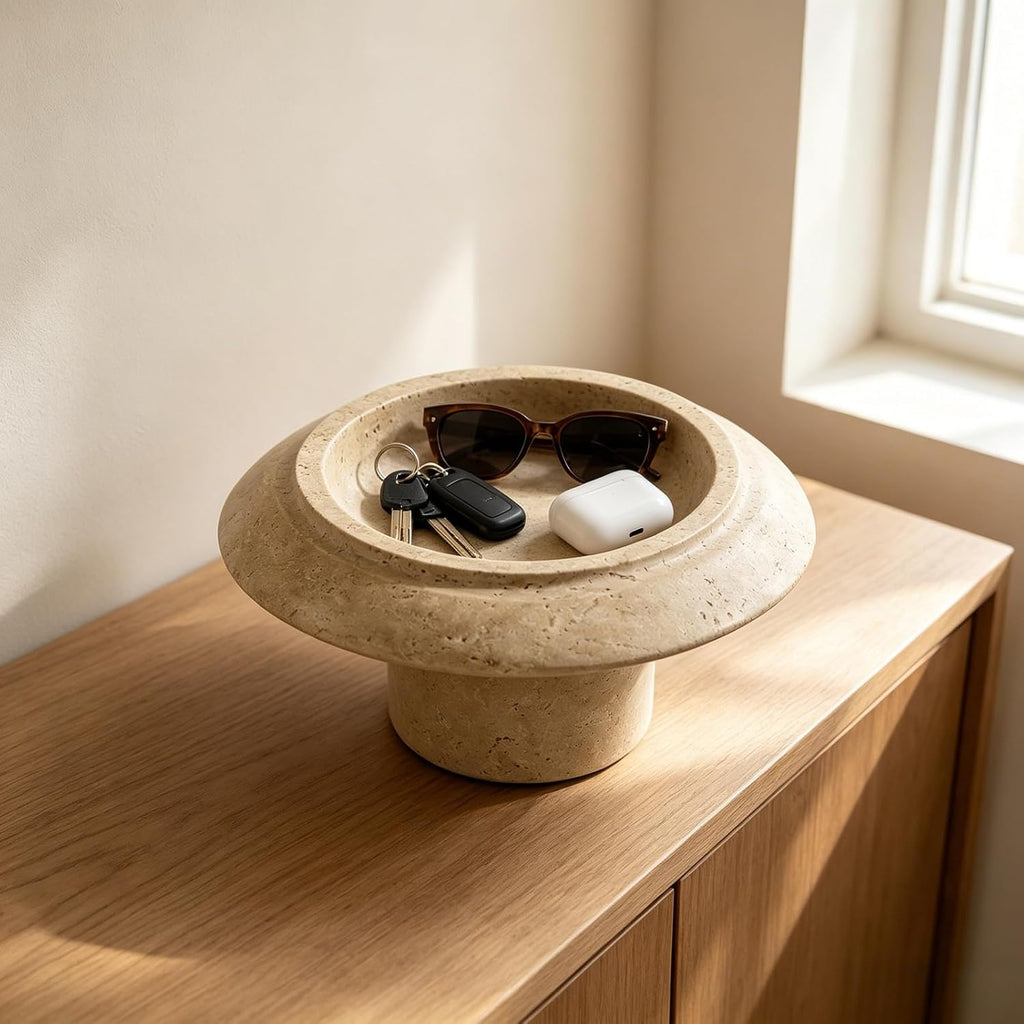 Yellow Travertine Natural Marble Mushroom Pedestal Tray 6.69" x 6.69" x 3.94", Footed Decorative Catchall Bowl