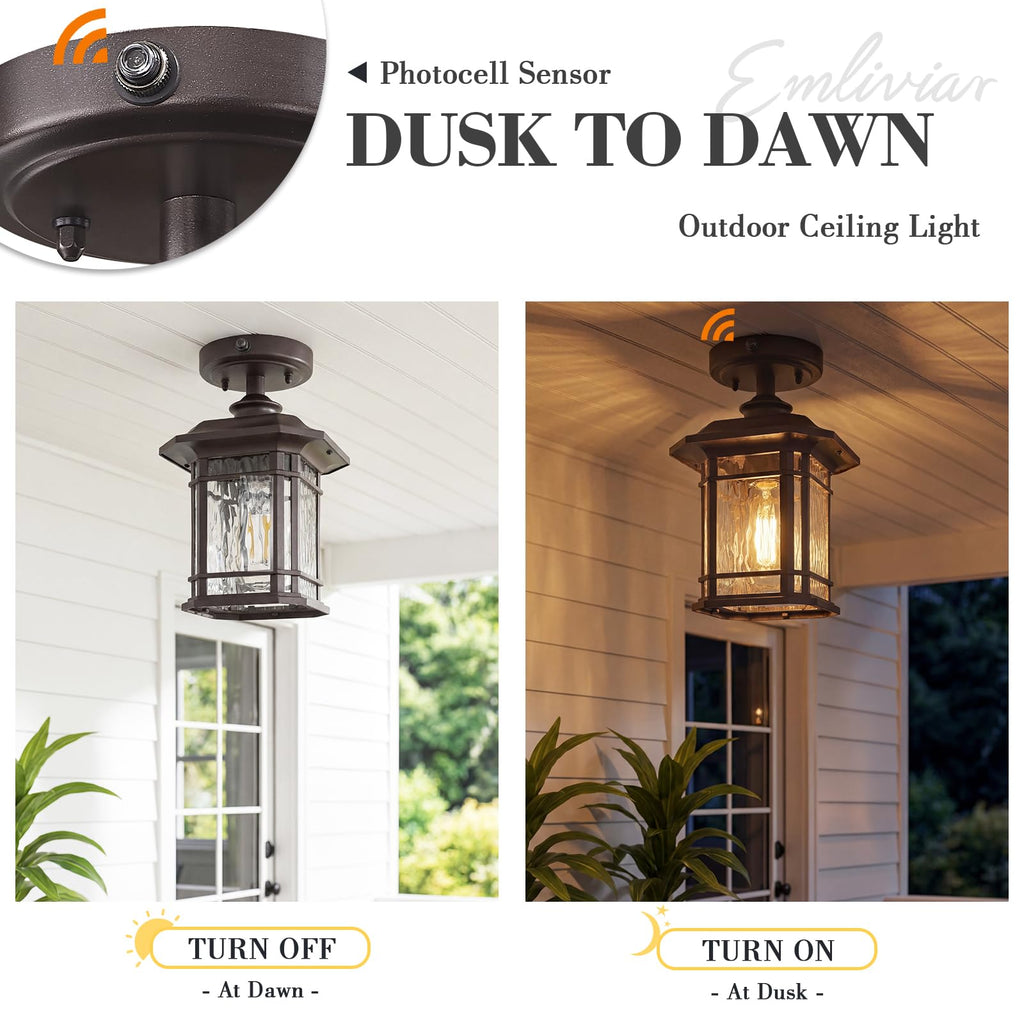 Dusk to Dawn Semi Flush Mount Celing Light, 10.9" Outdoor Porch Light with Water Ripple Glass, Oil Rubbed Bronze