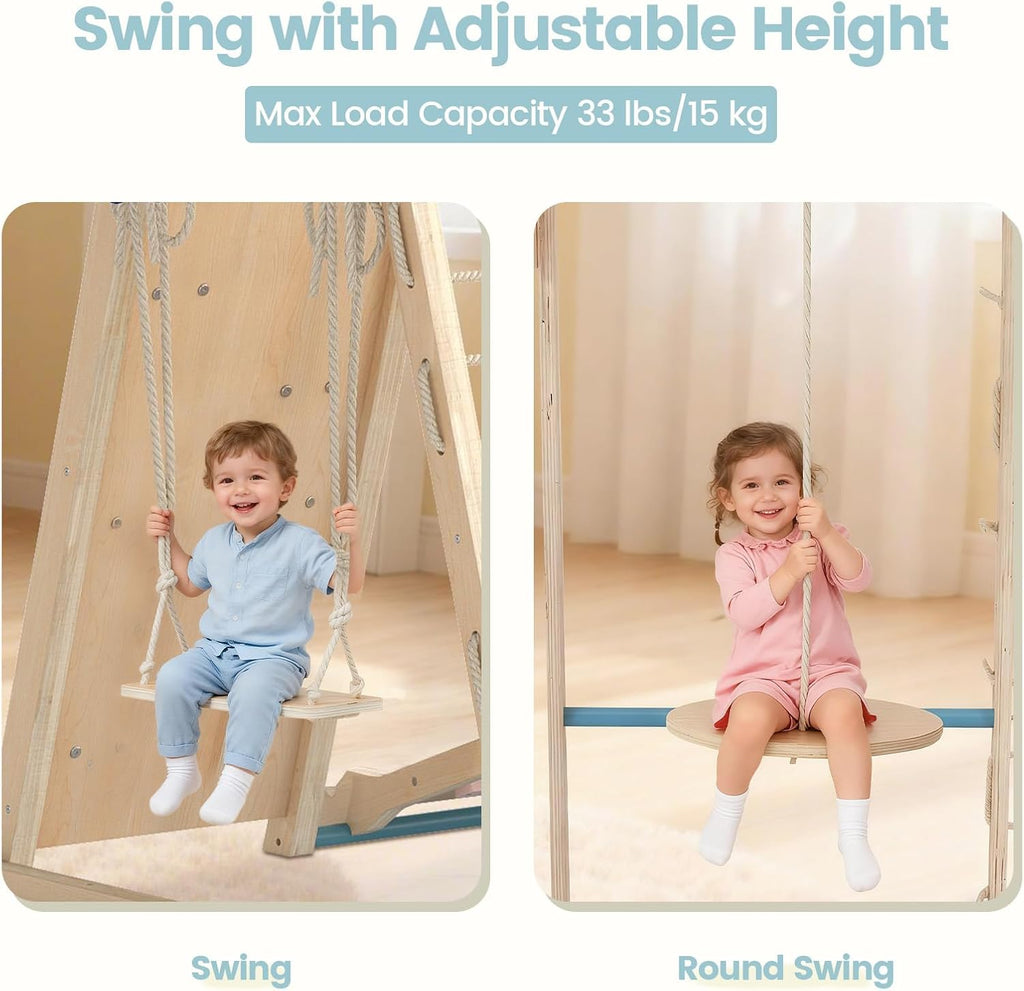 Indoor Jungle Gym, 9 in 1 Wooden Montessori Baby Climbing Toys with Adjustable 2 Swings Ramp, Monkey Bar Basketball