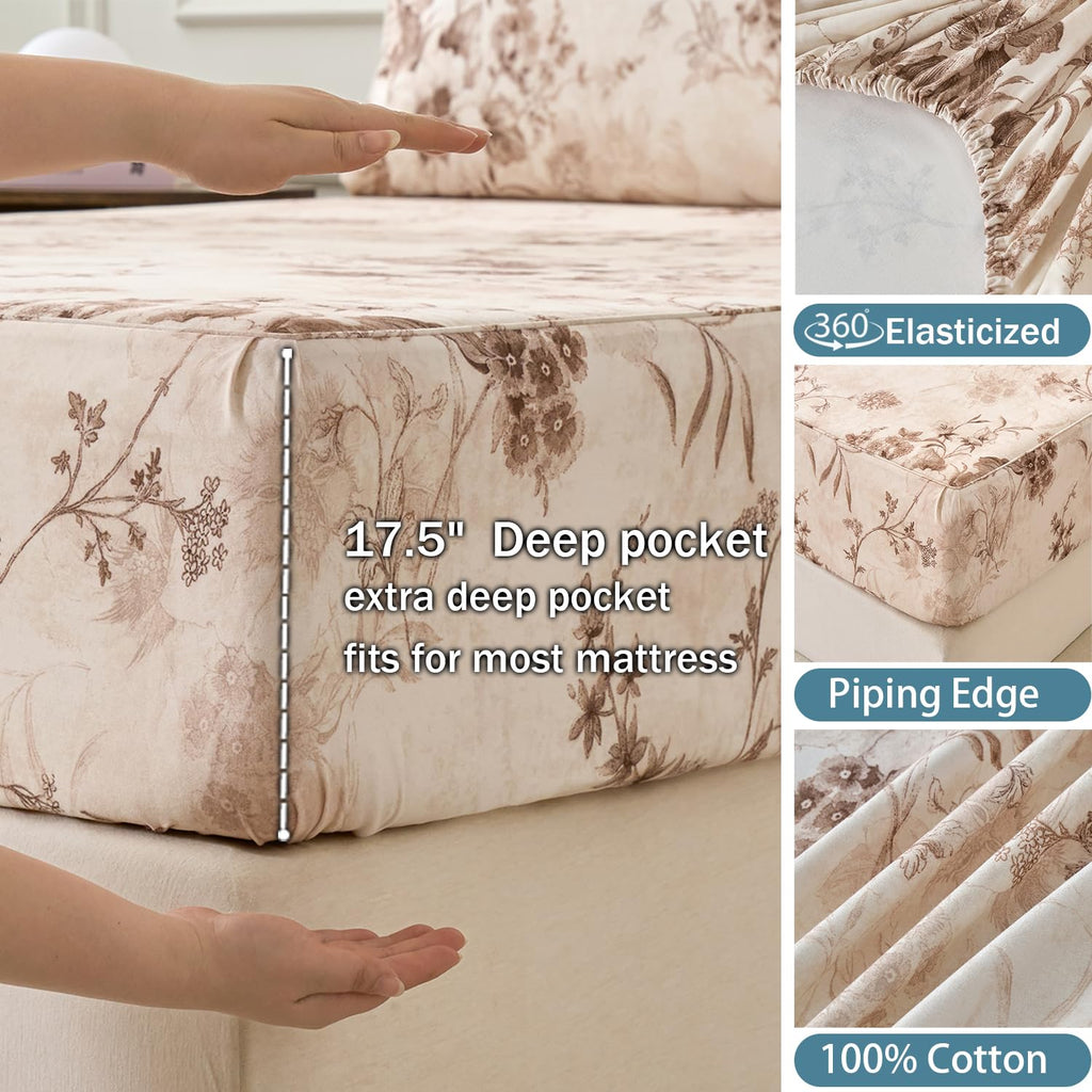 Brown Sheet Set 100% Cotton Flannel-Like Warm Luxury Peony Toile Floral Bed Sheets 4Pc Deep Pocket 17.5"