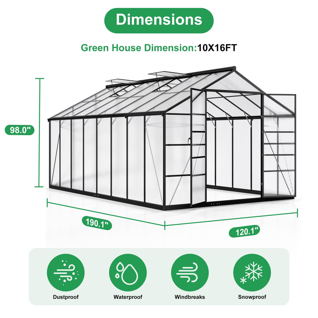 10X16 FT Walk-in Polycarbonate Heavy Duty Greenhouse