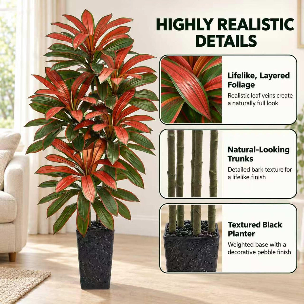 Artificial Red Dracaena Tree 6FT - Fake Tree with Black Tall Planter