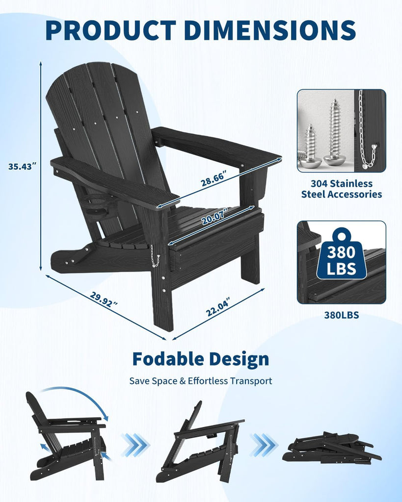 HDPE Folding Adirondack Chair Set of 2 with Side Table, Black | All-Weather Resistant & Wood Textured & Cup Holder