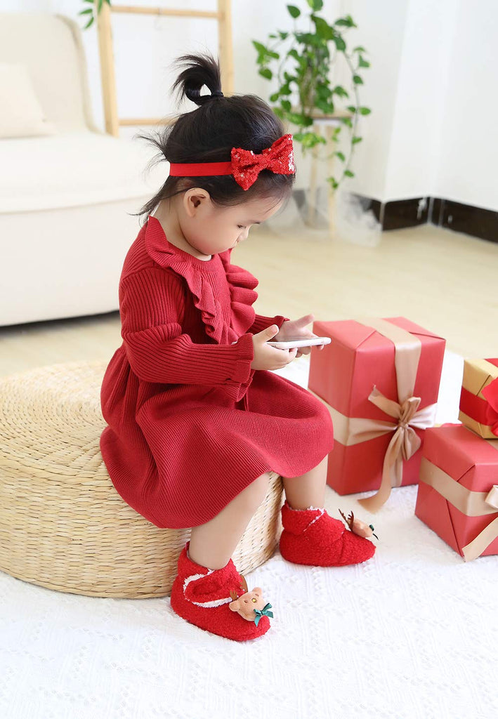 Infant Baby Booties Cozy Fleece Newborn Slippers Soft Warm Christmas Dress Shoes Cartoon Crib Shoes with Socks