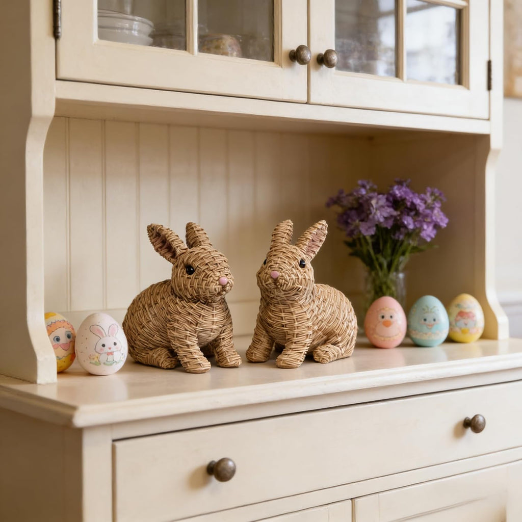 Woven Easter Bunny Figurines - 4.8" Tall White Rabbit Resin Sculptures with Handcrafted Wicker-Style Design - Set of 2