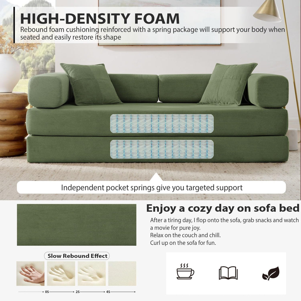 4-in-1 Folding Convertible Sofa Bed, 78 Inch Oversized Corduroy Upholstered Boneless Couch, Loveseat Sleeper with