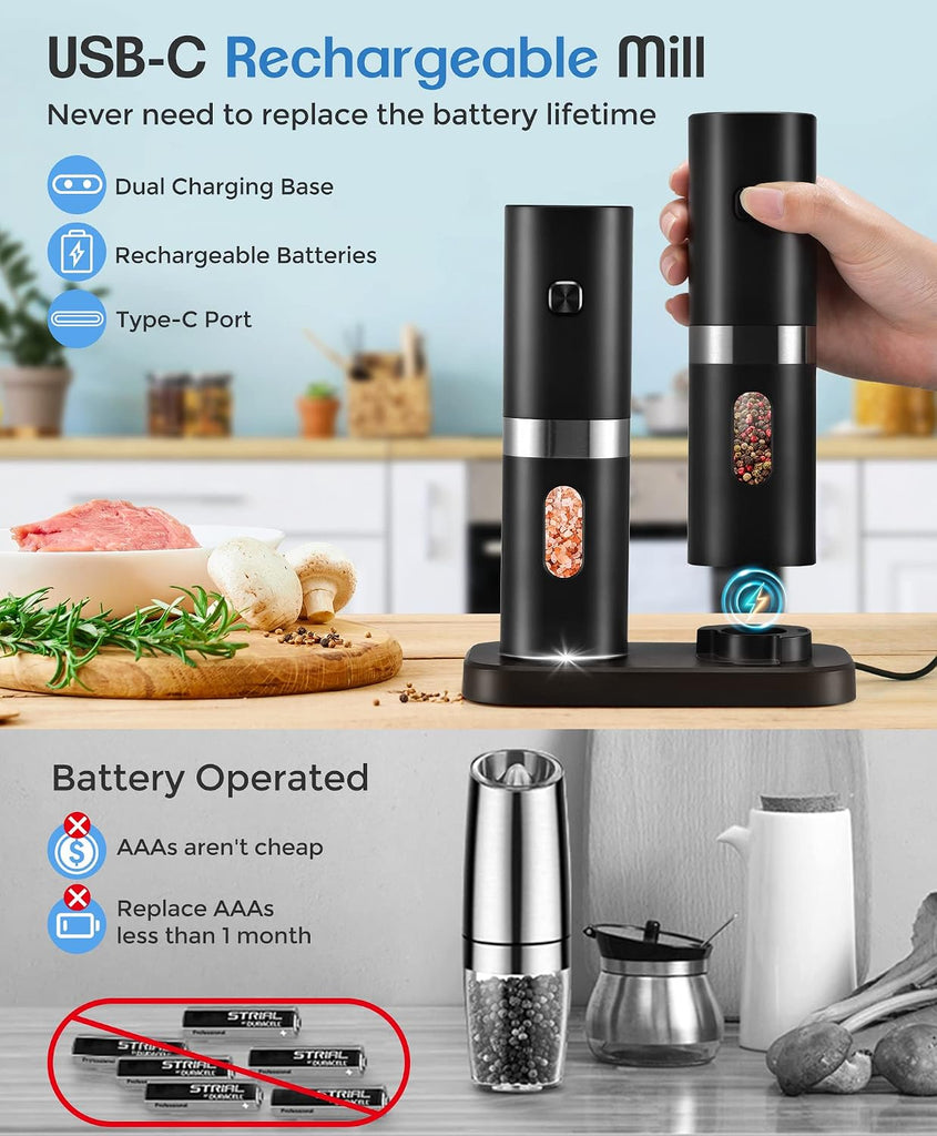 Electric Salt and Pepper Grinder Set, Charging Base, Adjustable Coarseness - Set of 2