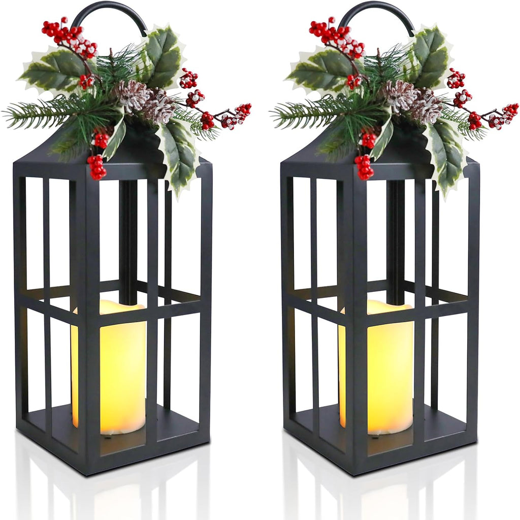 Christmas Lanterns Decorative Indoor Outdoor, 2 Pack Black Christmas Lantern, 18 Inch Timer Decorative Candle