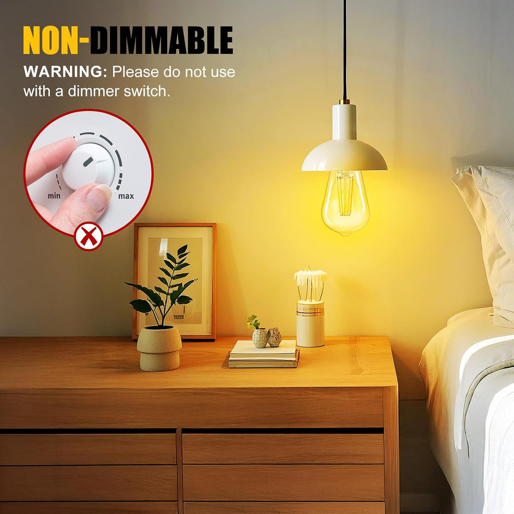 6Pack Edison Light Bulbs, E26 Base 2700K Warm White,Non-Dimmable