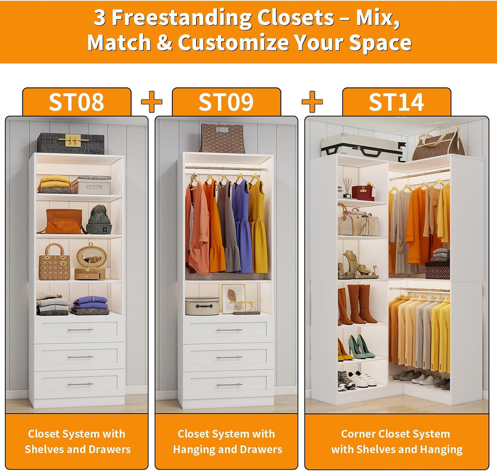 Closet System with 3 Sets, 6.5-16FT Corner Closet Organizer System with 6 Drawers & 11 Shelves & 6 Hanging Rods