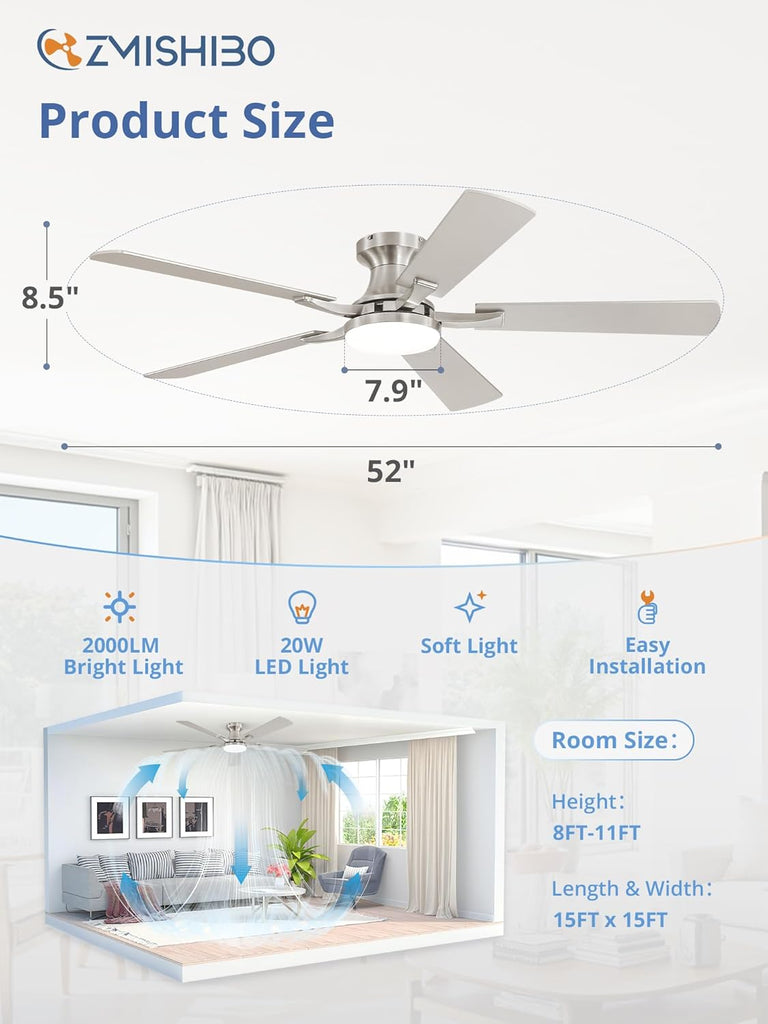 52 Inch Ceiling Fan with Light, App&Remote Control, Flush Mount Low Profile, Dimmable 20W LED Light, Quiet Reversible Motor for Bedroom, Living Room, Apartment, Nickel A101-B0DPHBW77W