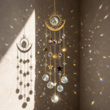 Sun and Moon Crystal Prism Suncatcher for Window Hanging - Sun Catchers Indoor Hanging Ornaments with Sun Moon Star