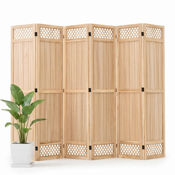 Wood Room Divider Privacy Screen, Natrual Carved Room Divider 6 Panel 67"