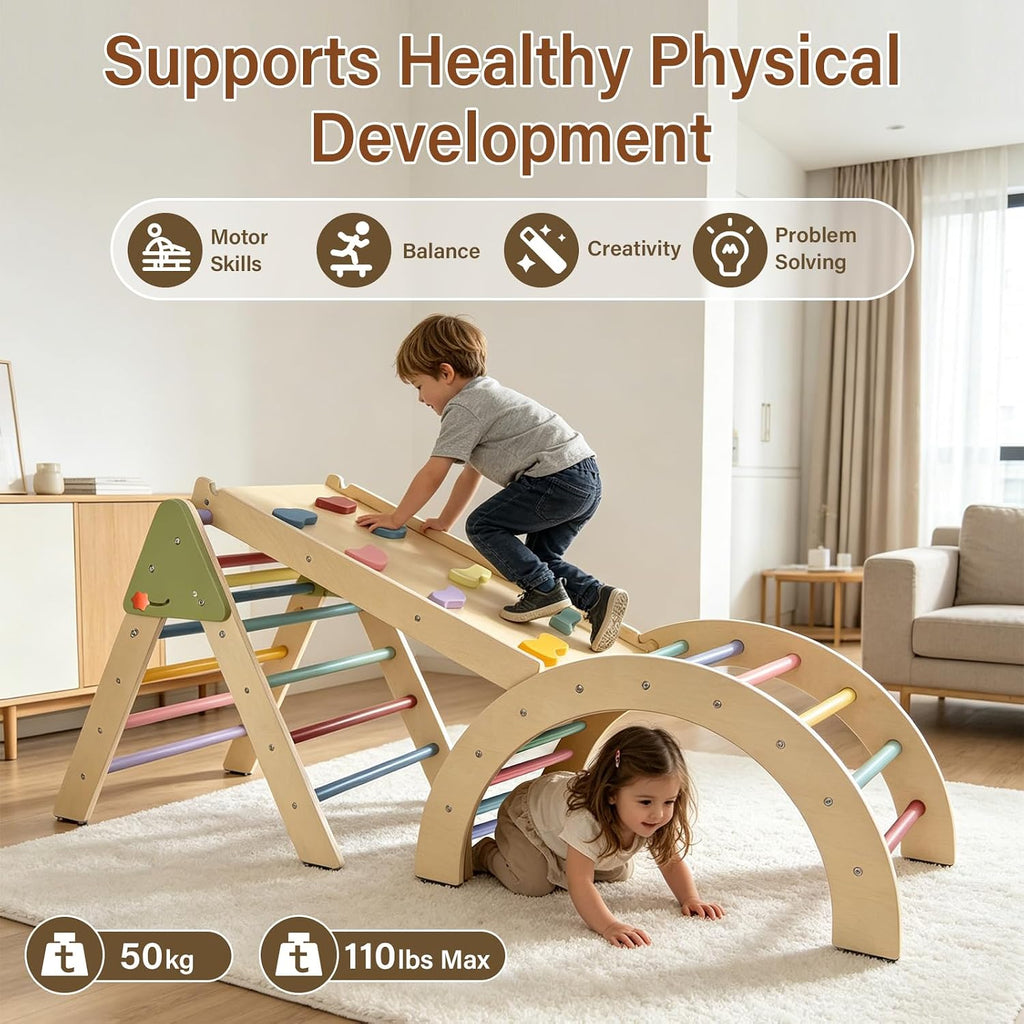 Foldable Pikler Triangle Climbing Set Wooden 7 in 1 Montessori Climber Toys for Toddlers 1-3 Baby Jungle Gym Indoor
