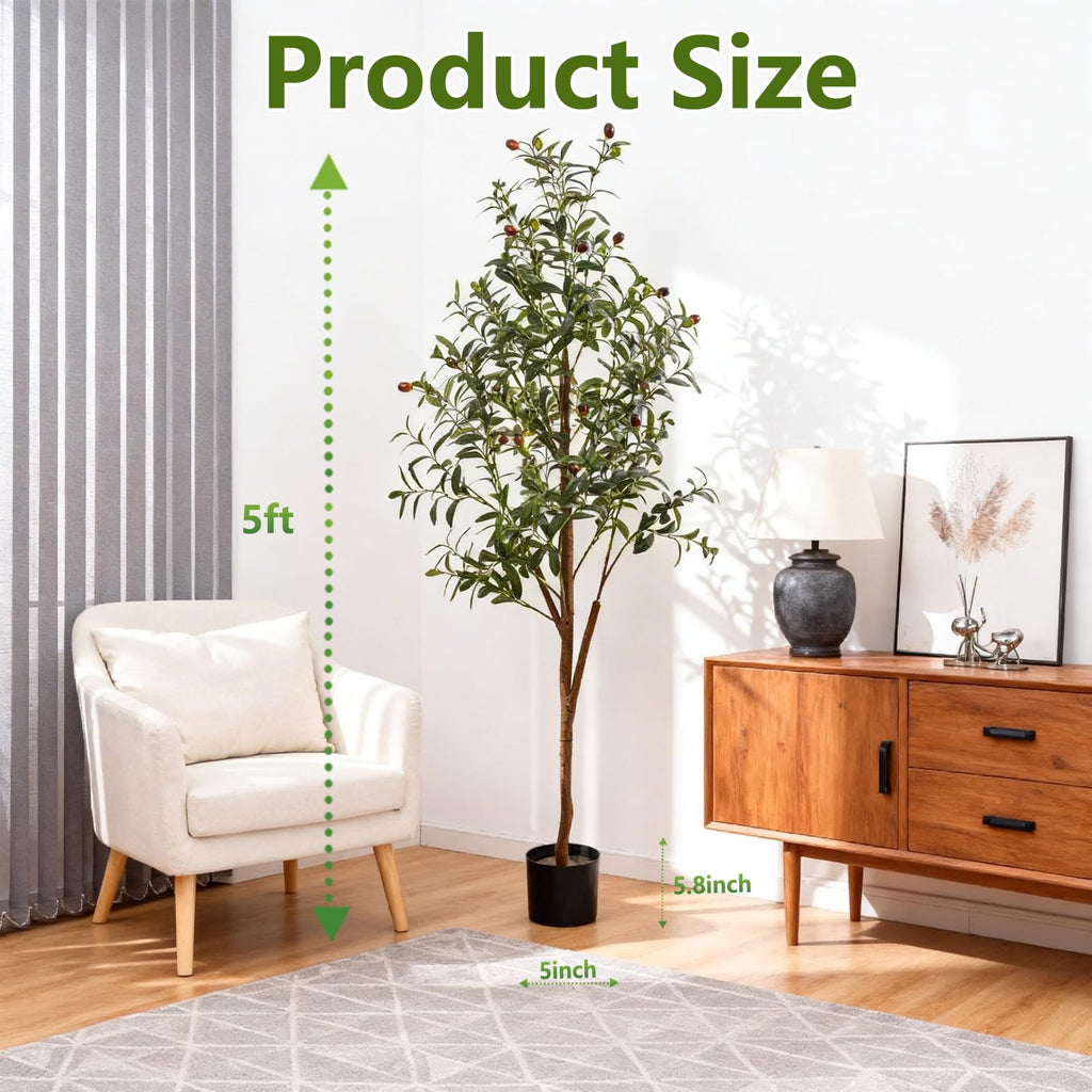 5Ft Artificial Olive Tree with Moss & Basket - Indoor Tall Faux Olive Tree in Planter, Large Fake Olive Silk Tree