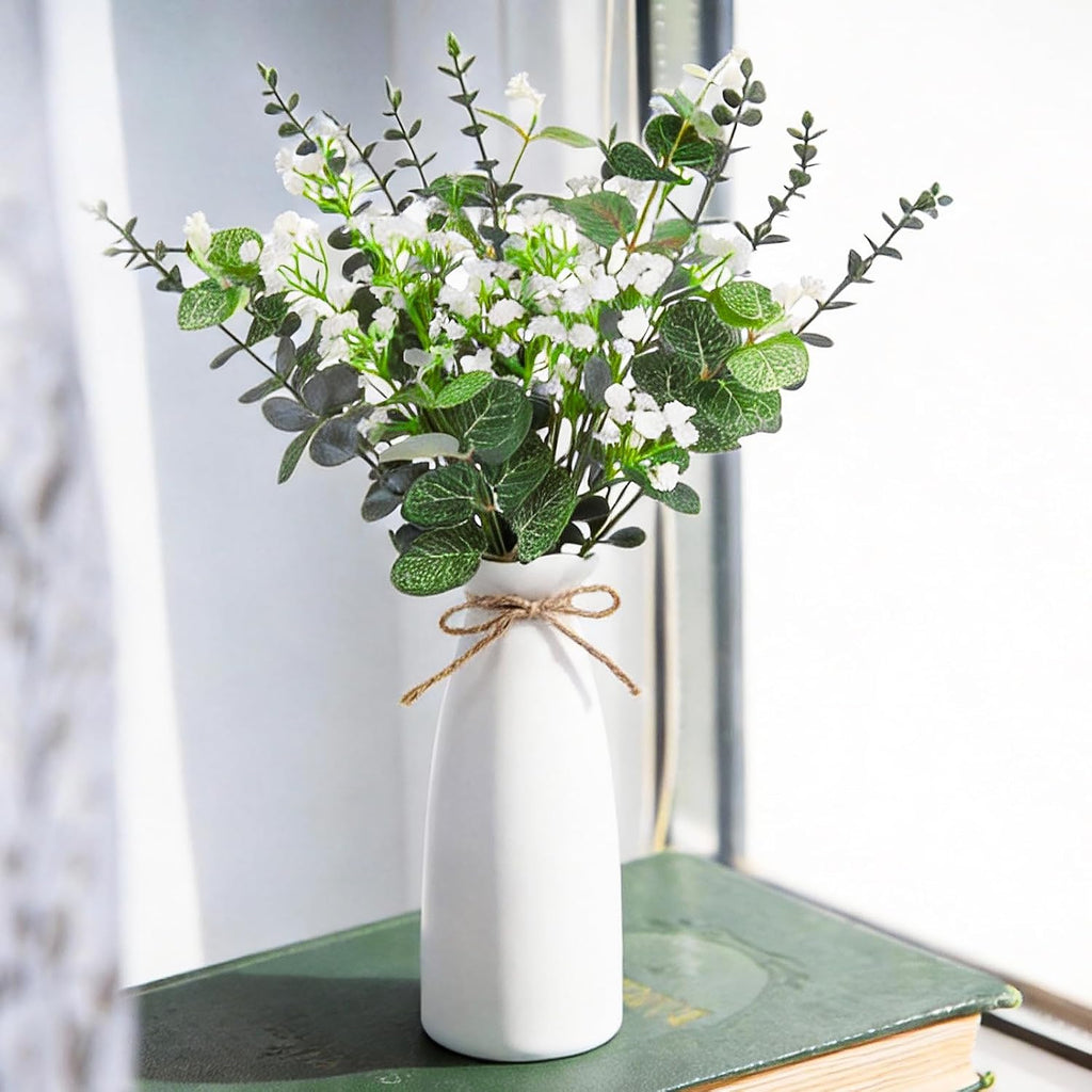 Artificial Flowers in Vase Set, Eucalyptus Stems and Baby's Breath Bundle - Set of 22