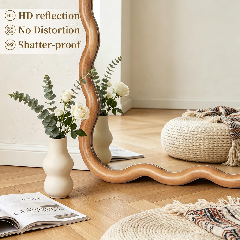 24"x36" Wavy Wood Mirror, Rectangular Wall Mirror with Natural Wooden Frame, Boho Farmhouse Country Bathroom Vanity