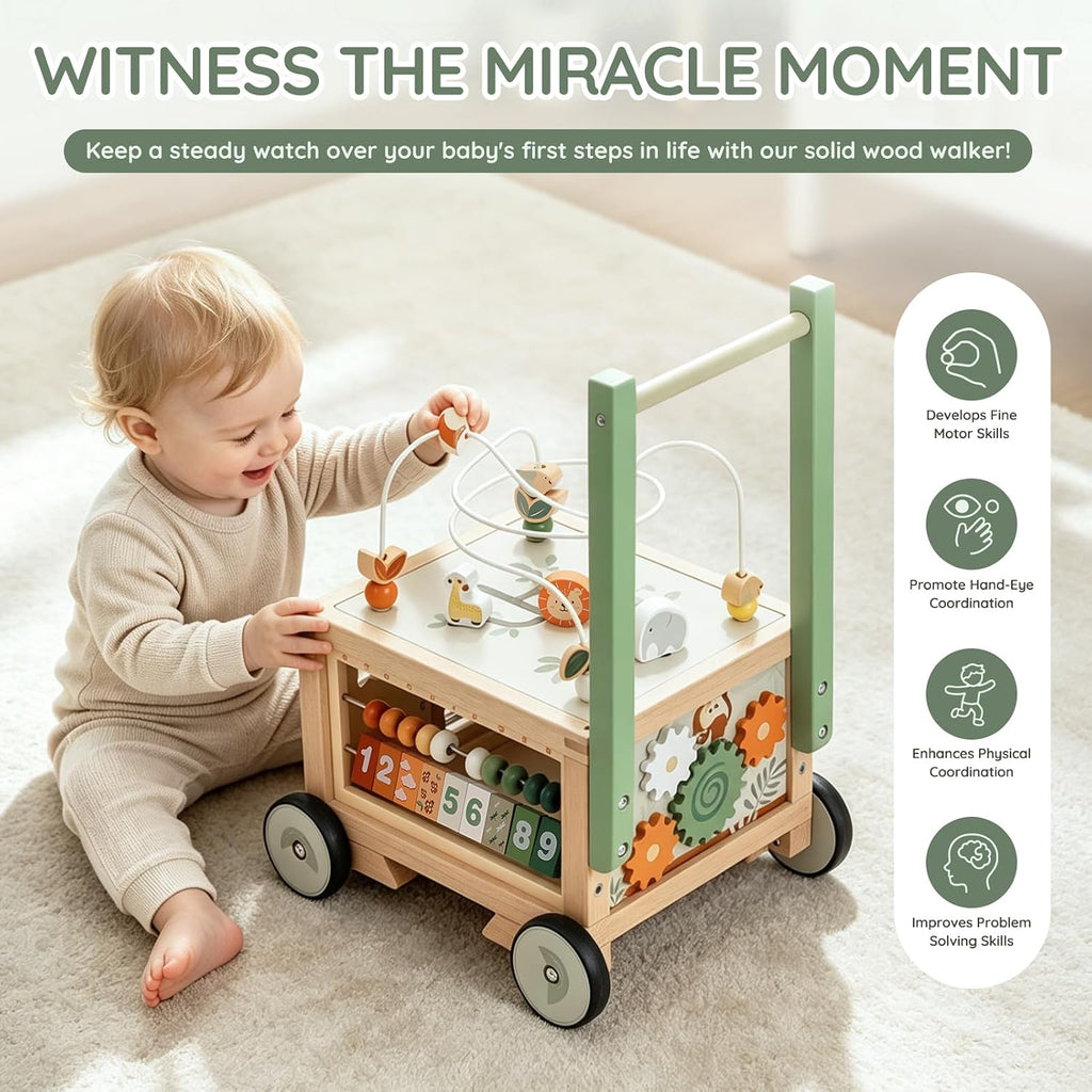 Wooden Baby Walker - in-1 Push Walker with Activity Cube