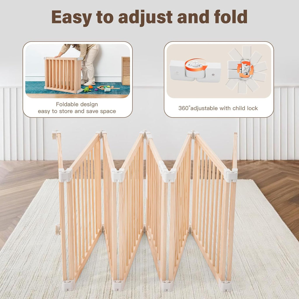 Foldable Wooden Playpen-61"x61"x25"-Large Baby Gate Playpen with Child-Proof Lock-Easy Assembly, Portable Design for
