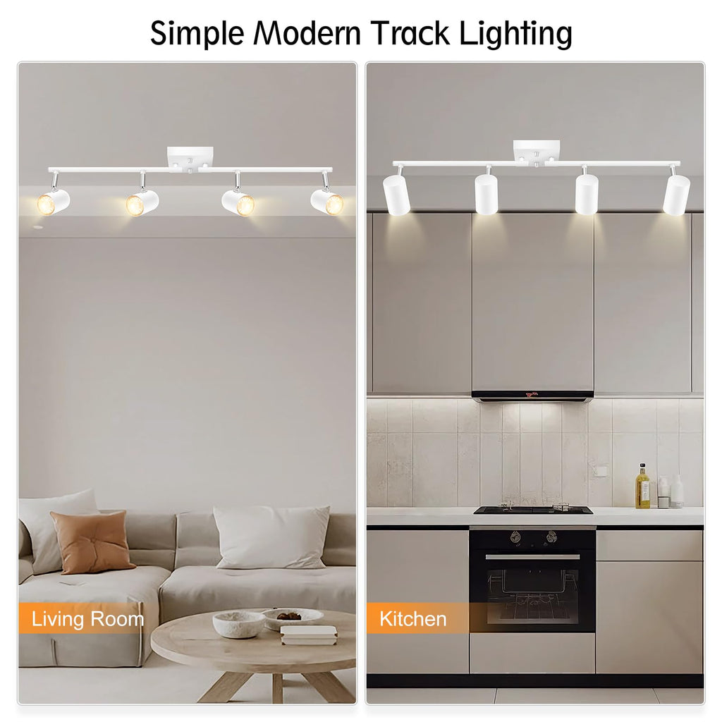 4 Light Track Lighting Fixtures Ceiling, Matte White Track Lights Ceiling with Flexibly Rotatable Light Heads, Modern