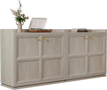 Sideboard Buffet Cabinet with 4 Doors & Shelves, Golden Handles | 68" wide; adjustable shelves; white oak accent