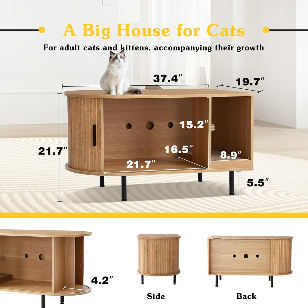 Cat Litter Box Furniture Enclosure with Scratch Pad, Hidden Fluted Cabinet with Sliding Door, Multi-Functional Modern