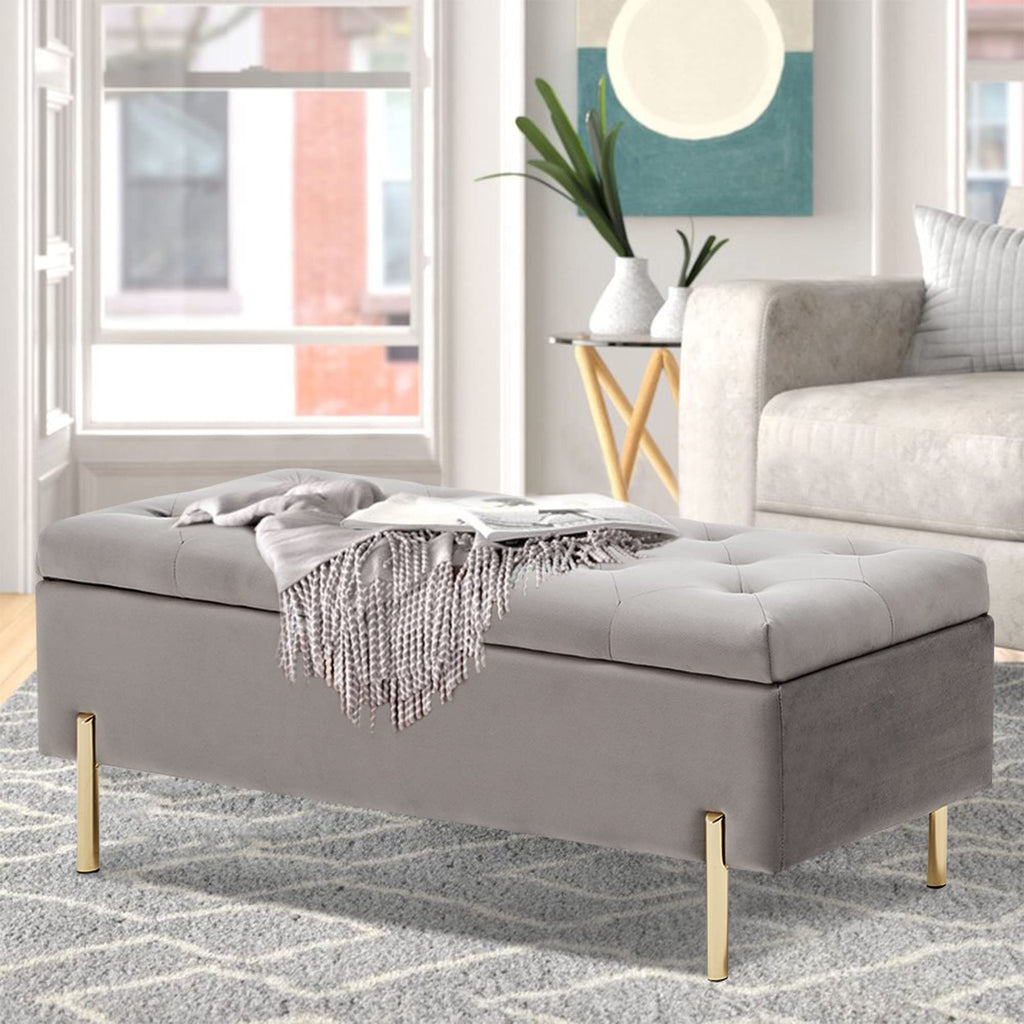Ottoman Bench with Storage, Upholstered Tufted Velvet Storage Bench Living Room Long Ottoman Grey