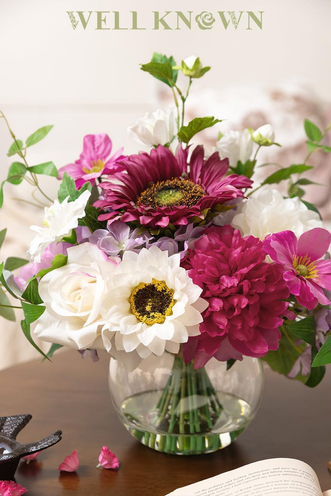 Artificial Flowers Centerpieces in Glass Vase with Fake Water, Silk White Rose Sunflowers Peony Bouquet with Vase for